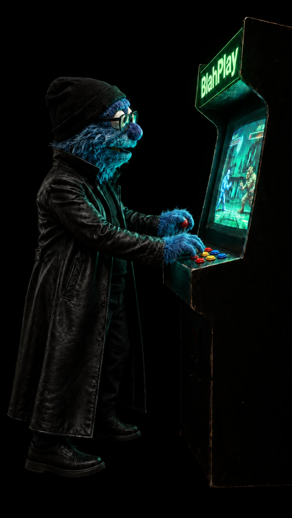 BlahPlay mascot playing an arcade cabinet