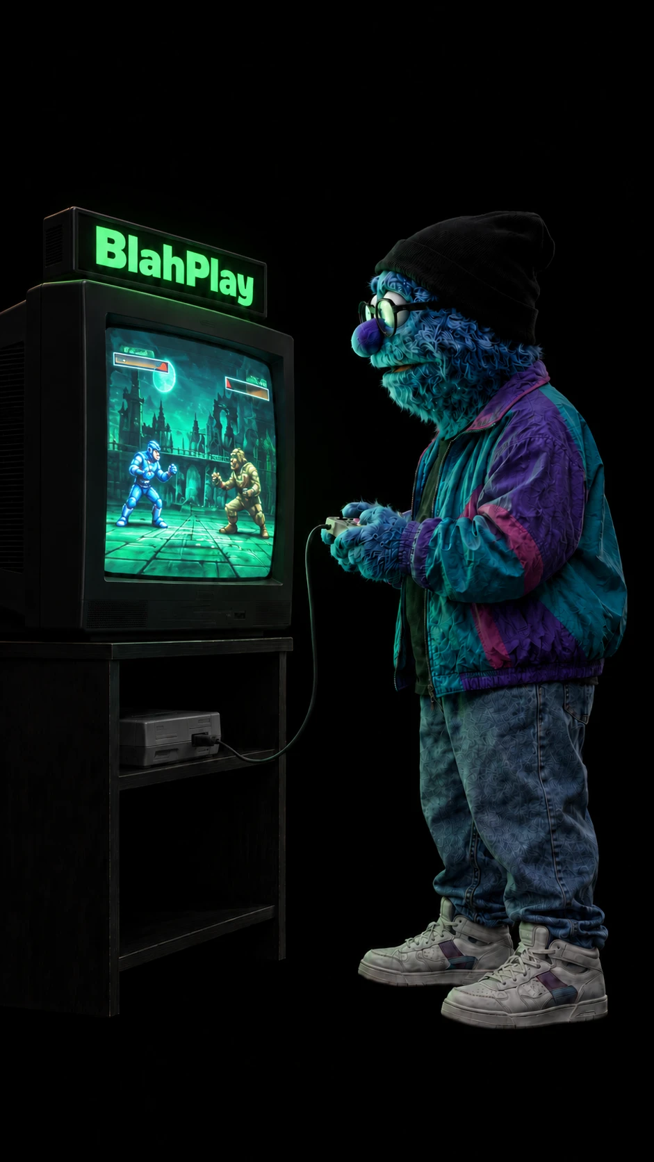 BlahPlay mascot playing on a TV with a controller